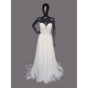 Lace Illusion Bodice Strapless Plunge Wedding Gown - Justin Alexander